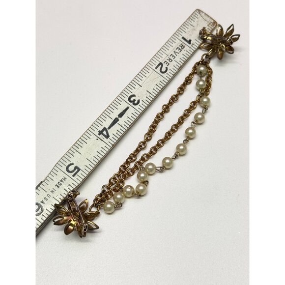 Vintage pearl double chain flower chatelaine brooch pin - Picture 4 of 4
